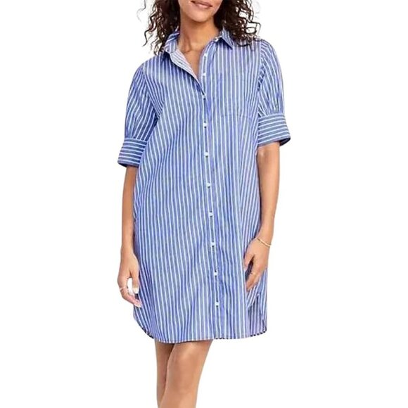 Women Cotton Button Down Shirt Dress Loose Fit Pockets Casual Chic - Picture 1 of 5